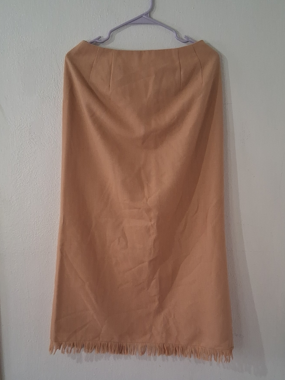 Wool Camel Maxi Skirt with Fringe Hem